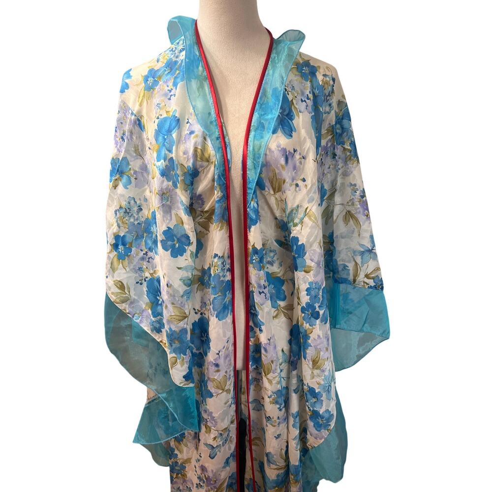 Handmade Floral Sheer Long Kimono Robe Maxi Duster Blue Organza Trim One Size